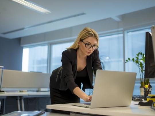 Business woman by her desk working from the laptop|