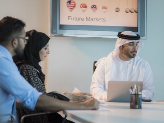 Two arab employees and an expat employee during a meeting|-