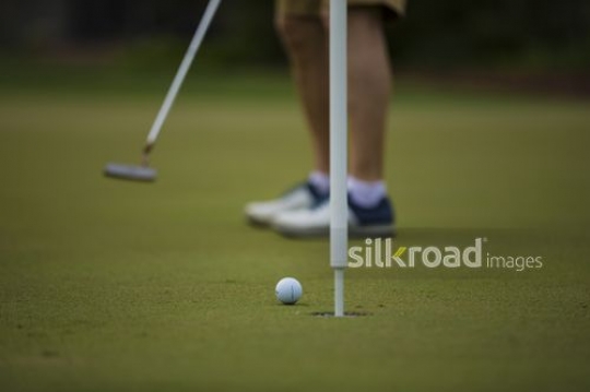 A man is playing golf and is about to score |-