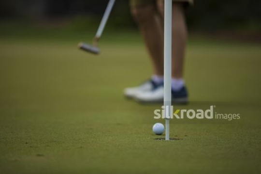 A man is playing golf and is about to score the shot|-
