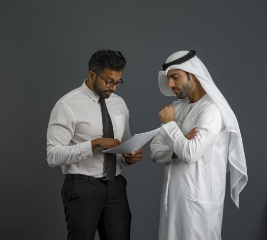 Business man talking to employee and looking at the paper|