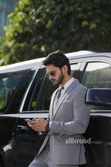 Businessman leaning on the car using his mobile|-
