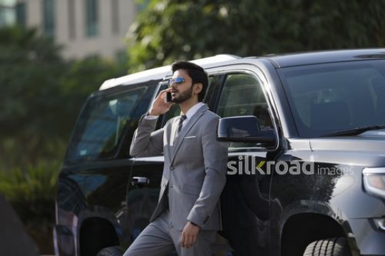 Businessman leaning on the car talking on the phone|-