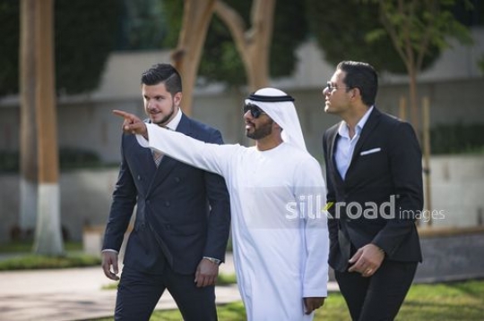 Middle Eastern Businessman pointing and his colleagues are walking next to him|-