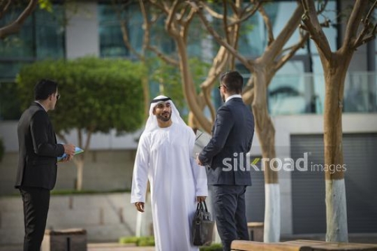 Group of Businessmen standing outside talking to each other|-