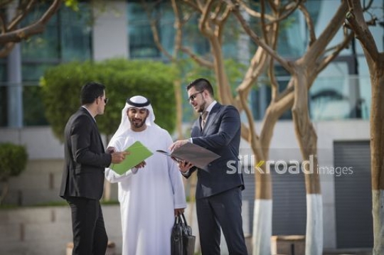 Middle Eastern Businessman taking to his colleagues|-