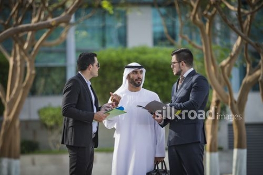 Group of Businessmen taking to each other outside|-