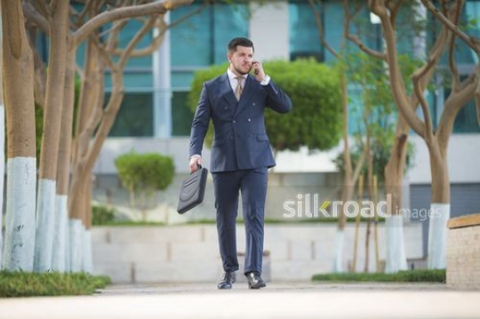 Businessman carrying a laptop bag while talking on his mobile|-