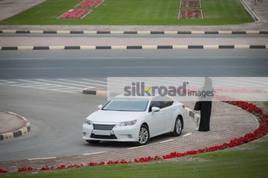 Businesswoman standing by the white car|