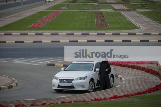Middle Eastern Businesswoman standing by the car|