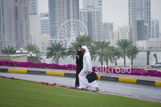 Middle Eastern businessman and business woman talking to each other while walking to the office|-