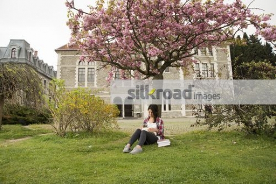 Student sitting on the grass with the cat|