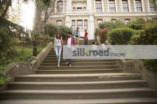 Two students walking down the stairs together|