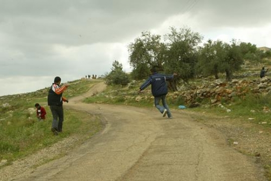 children throwing stones