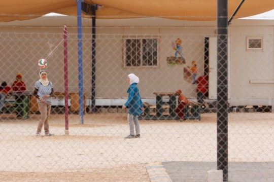 Two girls playing Volleyball from Zaatari refugee camp for Syrian refugees