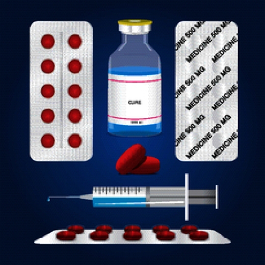 medical ampoule with syringe and pack of pills on blue background