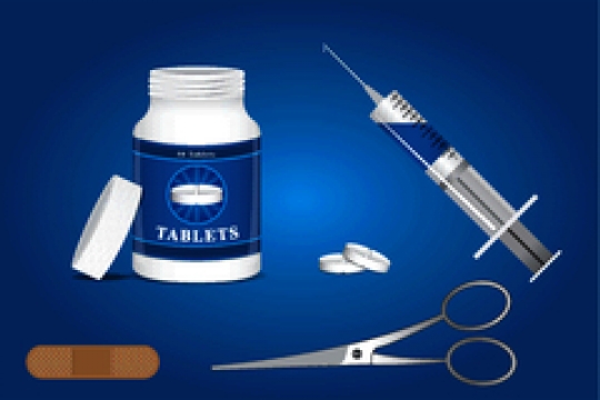 first aid kit on blue background