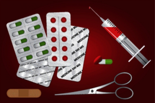 first aid kit on red backgroun
