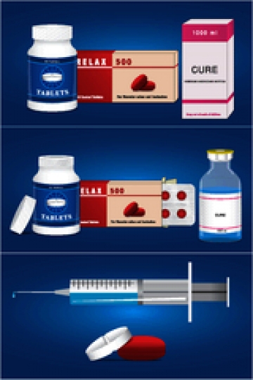 pill bottle with tablet,ampoules and syringe isolated on blue background