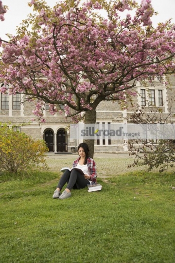 Student leaning on the tree studying |