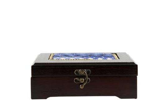 Oriental Wooden Box with Blue Embroideries