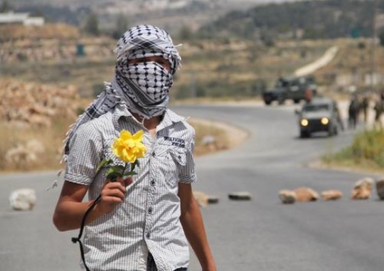Masked Palestinian boy Resist Israeli occupation and catching yellow flower 
